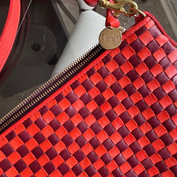 CLARE V Petit Moyen Bright Poppy & Bordeaux Woven Checker NWT - Picture 7 of 7